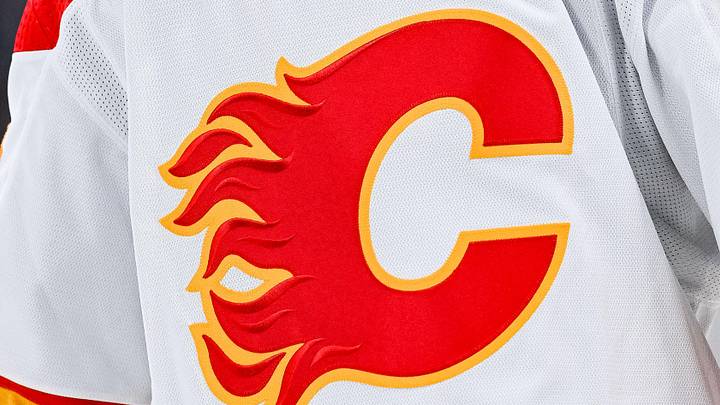 Dec 12, 2022; Montreal, Quebec, CAN; View of a Calgary Flames logo on a jersey worn by the member of the team during the second period at Bell Centre. Dec 12, 2022; Montreal, Quebec, CAN; View of a Calgary Flames logo on a jersey worn by the member of the team during the second period at Bell Centre.