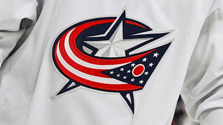 Jan 30, 2022; Montreal, Quebec, CAN; A view of the Columbus Blue Jackets logo worn by a member of the team during the second period at Bell Centre. Mandatory Credit: David Kirouac-Imagn Images