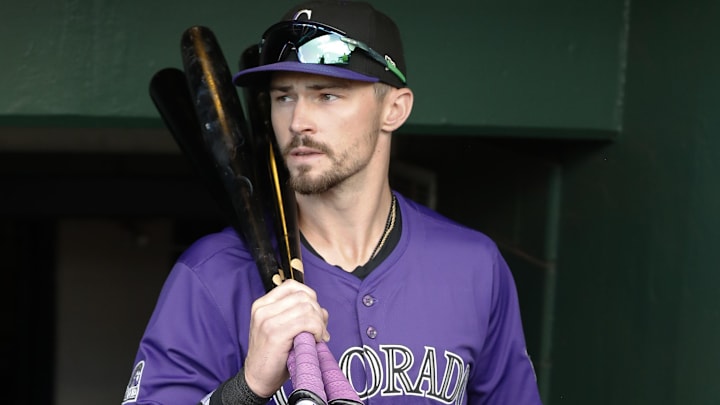 Aug 23, 2025; Pittsburgh, Pennsylvania, USA;  Colorado Rockies center fielder Brenton Doyle (9) enters the dugout to play the Pittsburgh Pirates at PNC Park. Mandatory Credit: Charles LeClaire-Imagn Images
