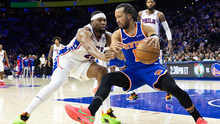 Jan 15, 2025; Philadelphia, Pennsylvania, USA; New York Knicks guard Jalen Brunson (11) controls the ball against Philadelphia 76ers forward Guerschon Yabusele (28) during the fourth quarter at Wells Fargo Center. Mandatory Credit: Bill Streicher-Imagn Images Jan 15, 2025; Philadelphia, Pennsylvania, USA; New York Knicks guard Jalen Brunson (11) controls the ball against Philadelphia 76ers forward Guerschon Yabusele (28) during the fourth quarter at Wells Fargo Center. Mandatory Credit: Bill Streicher-Imagn Images