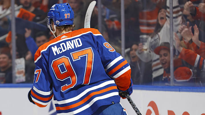 Edmonton Oilers forward Connor McDavid (97) celebrates after goal