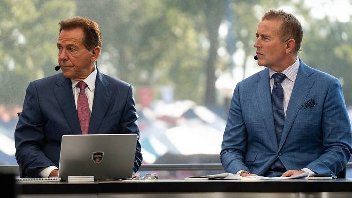 Nick Saban and Kirk Herbstreit listen to Ole Miss head coach Pete Golding speak during ESPN College GameDay ahead of the Ole Miss-LSU game in The Grove in Oxford, Miss., on Saturday, Sept. 19, 2026.