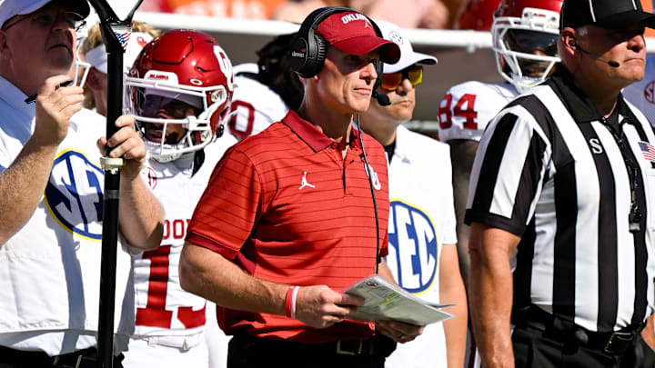 Oct 11, 2025; Dallas, Texas, USA; Oklahoma Sooners head coach Brent Venables looks on during the first half against the Texas Longhorns at the Cotton Bowl. Mandatory Credit: Jerome Miron-Imagn Images