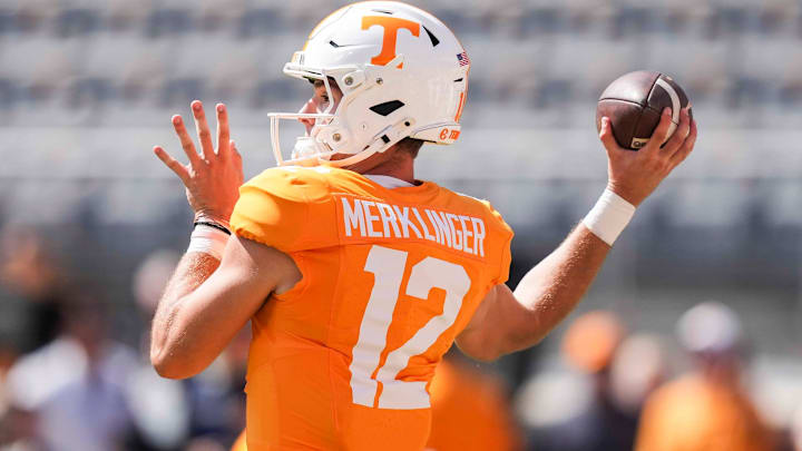Tennessee quarterback Jake Merklinger (12) throws the ball before a NCAA football game between Tennessee and UAB at Neyland Stadium in Knoxville, Tenn., September 20, 2025.
