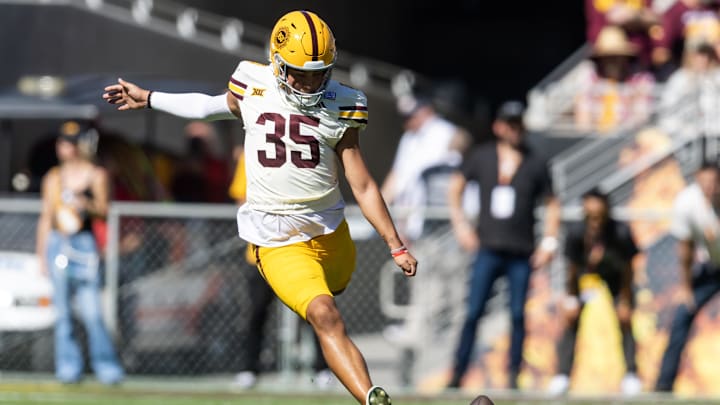 Oct 18, 2025; Tempe, Arizona, USA; Arizona State Sun Devils kicker Jesus Gomez (35) against the Texas Tech Red Raiders at Mountain America Stadium. Mandatory Credit: Mark J. Rebilas-Imagn Images Oct 18, 2025; Tempe, Arizona, USA; Arizona State Sun Devils kicker Jesus Gomez (35) against the Texas Tech Red Raiders at Mountain America Stadium. Mandatory Credit: Mark J. Rebilas-Imagn Images