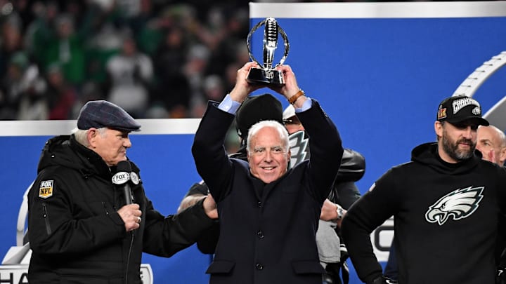 Jan 26, 2025; Philadelphia, PA, USA; Philadelphia Eagles owner Jeffrey Lurie celebrates after winning the NFC Championship game against the Washington Commanders at Lincoln Financial Field. Mandatory Credit: Eric Hartline-Imagn Images