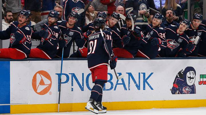 Mar 21, 2026; Columbus, Ohio, USA; Columbus Blue Jackets center Kent Johnson (91) celebrates his goal against the Seattle Kraken during the second period at Nationwide Arena. Mandatory Credit: Russell LaBounty-Imagn Images