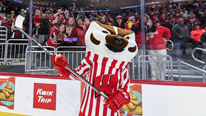 Bucky Badger fires up Wisconsin fans after a 4-3 victory over the Connecticut Huskies in the championship game of the Kwik Trip Holiday Face-Off on Sunday, December 29, 2024, at Fiserv Forum in Milwaukee, Wisconsin.