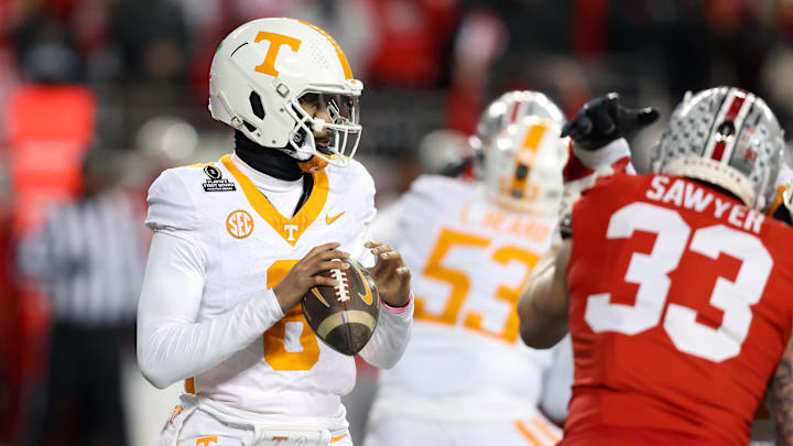 Dec 21, 2024; Columbus, Ohio, USA;  Tennessee Volunteers quarterback Nico Iamaleava (8) looks to pass during the first quarter against the Ohio State Buckeyes at Ohio Stadium. Mandatory Credit: Joseph Maiorana-Imagn Images