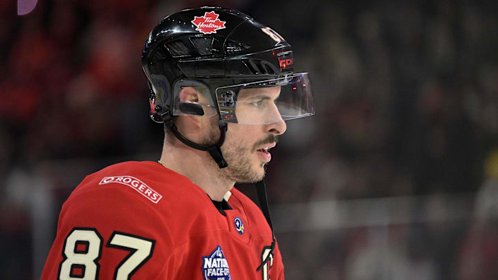 Feb 15, 2025; Montreal, Quebec, CAN; [Imagn Images direct customers only] Team Canada forward Sidney Crosby (87) skates in the warmup period during a 4 Nations Face-Off ice hockey game against Team United States at the Bell Centre. Mandatory Credit: Eric Bolte-Imagn Images