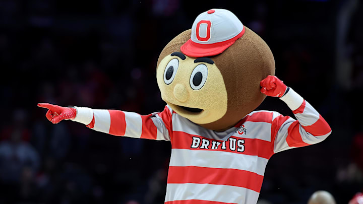 Feb 6, 2025; Columbus, Ohio, USA;  Ohio State’s mascot Brutus celebrates during the second half against the Maryland Terrapins at Value City Arena. Mandatory Credit: Joseph Maiorana-Imagn Images