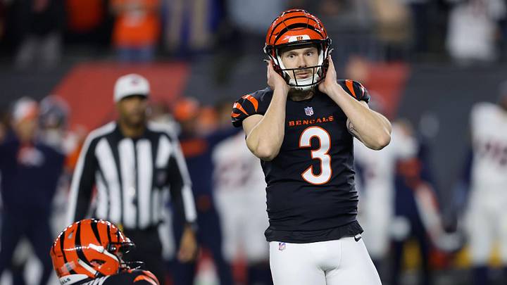 Dec 28, 2024; Cincinnati, Ohio, USA; Cincinnati Bengals place kicker Cade York (3) reacts after missing a field goal in overtime against the Denver Broncos at Paycor Stadium. Mandatory Credit: Joseph Maiorana-Imagn Images