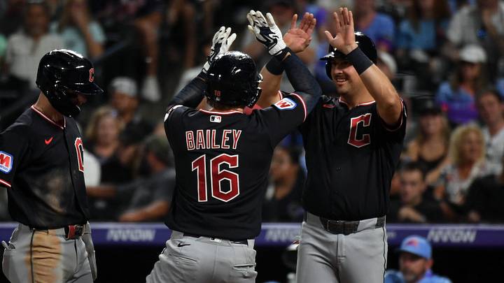 Aug 21, 2026: Cleveland Guardians catcher Patrick Bailey (16) celebrates with  infielder Nathaniel Lowe (46) after a home run in the seventh inning against the Colorado Rockies at Coors Field. Credit: Christopher Hanewinckel-Imagn Images