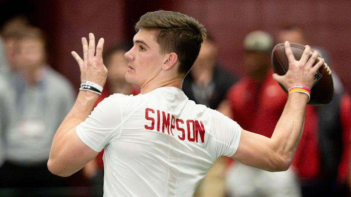 March 25, 2026; Tuscaloosa, AL, USA; Quarterback Ty Simpson throws during Pro Day in the Hank Crisp Indoor Practice Facility at the University of Alabama.