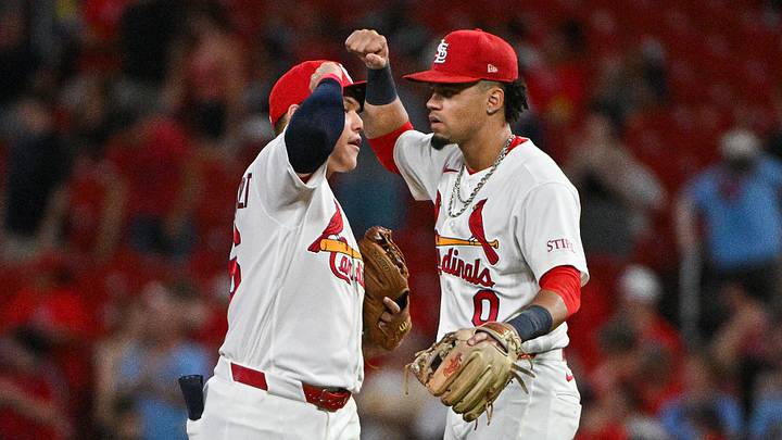 Aug 11, 2026; St. Louis, Missouri, USA; St. Louis Cardinals shortstop Masyn Winn (0) celebrates with second baseman JJ Wetherholt (26) after the Cardinals defeated the Philadelphia Phillies at Busch Stadium. Mandatory Credit: Jeff Curry-Imagn Images