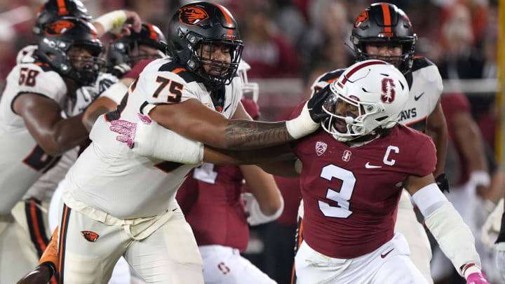 Oct 8, 2022; Stanford, California, USA; Oregon State Beavers offensive lineman Taliese Fuaga (75)