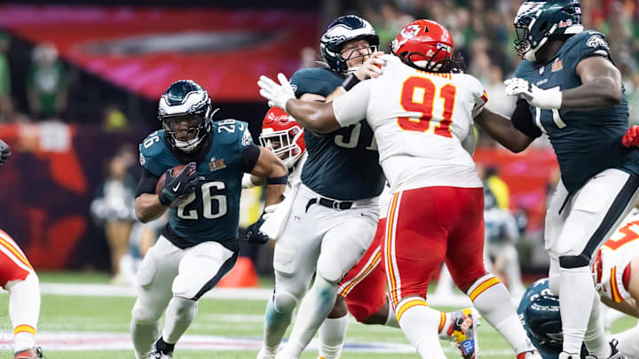 Feb 9, 2025; New Orleans, LA, USA; Philadelphia Eagles running back Saquon Barkley (26) against the Kansas City Chiefs during Super Bowl LIX at Ceasars Superdome. Mandatory Credit: Mark J. Rebilas-Imagn Images Feb 9, 2025; New Orleans, LA, USA; Philadelphia Eagles running back Saquon Barkley (26) against the Kansas City Chiefs during Super Bowl LIX at Ceasars Superdome. Mandatory Credit: Mark J. Rebilas-Imagn Images