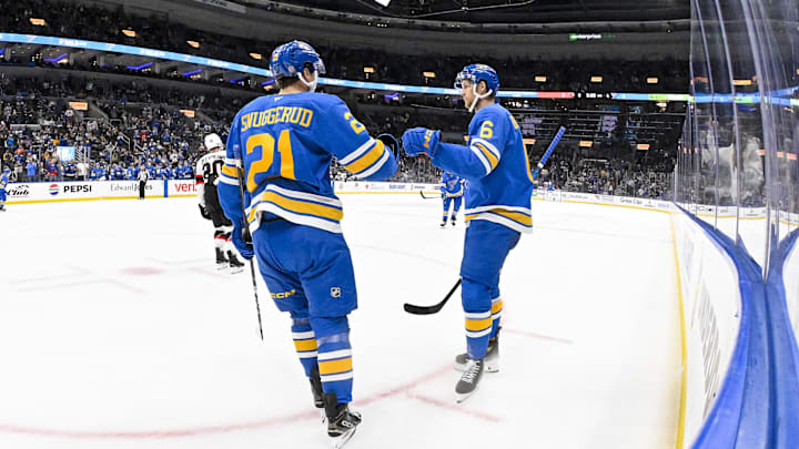 Oct 2, 2025; St. Louis, Missouri, USA; St. Louis Blues defenseman Philip Broberg (6) is congratulated by right wing Jimmy Snuggerud (21) after scoring against the Ottawa Senators during the second period at Enterprise Center. Mandatory Credit: Jeff Curry-Imagn Images