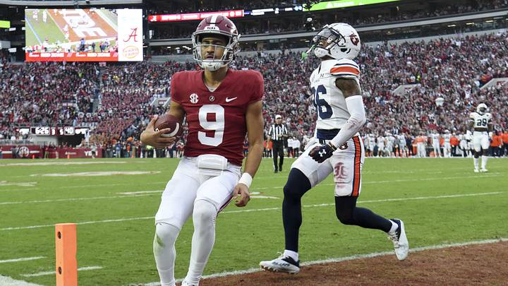 Nov 26, 2022; Tuscaloosa, Alabama, USA; Alabama quarterback Bryce Young (9) beats Auburn cornerback Jaylin Simpson (36) to the end zone for a touchdown at Bryant-Denny Stadium. Mandatory Credit: Gary Cosby Jr.-Imagn Images Nov 26, 2022; Tuscaloosa, Alabama, USA; Alabama quarterback Bryce Young (9) beats Auburn cornerback Jaylin Simpson (36) to the end zone for a touchdown at Bryant-Denny Stadium. Mandatory Credit: Gary Cosby Jr.-Imagn Images