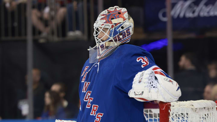 May 24, 2024; New York, New York, USA; New York Rangers goaltender Igor Shesterkin (31) during the first period in game two of the Eastern Conference Final of the 2024 Stanley Cup Playoffs against the Florida Panthers at Madison Square Garden. Mandatory Credit: Vincent Carchietta-USA TODAY Sports May 24, 2024; New York, New York, USA; New York Rangers goaltender Igor Shesterkin (31) during the first period in game two of the Eastern Conference Final of the 2024 Stanley Cup Playoffs against the Florida Panthers at Madison Square Garden. Mandatory Credit: Vincent Carchietta-USA TODAY Sports