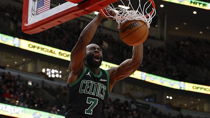 Dec 21, 2024; Chicago, Illinois, USA; Boston Celtics guard Jaylen Brown (7) scores against the Chicago Bulls during the second half at United Center. Mandatory Credit: Kamil Krzaczynski-Imagn Images Dec 21, 2024; Chicago, Illinois, USA; Boston Celtics guard Jaylen Brown (7) scores against the Chicago Bulls during the second half at United Center. Mandatory Credit: Kamil Krzaczynski-Imagn Images
