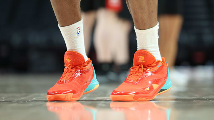 LA Clippers forward Kawhi Leonard warms up in his signature New Balance sneakers before playing in a game against the Portland Trail Blazers at Moda Center.