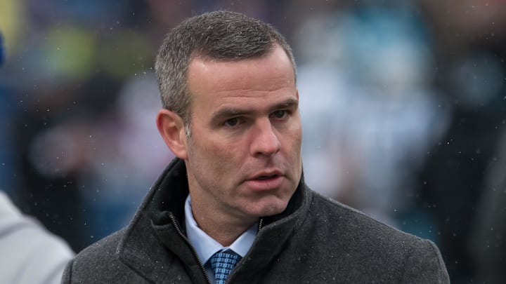 Dec 19, 2021; Orchard Park, New York, USA; Buffalo Bills general manager Brandon Beane on the field before a game against the Carolina Panthers at Highmark Stadium. Mandatory Credit: Mark Konezny-Imagn Images
