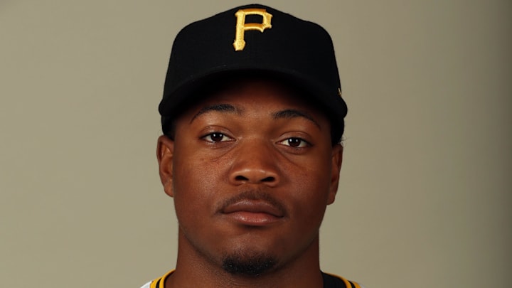 Feb 20, 2024; Bradenton, FL, USA;  Pittsburgh Pirates infielder Termarr Johnson (81) poses for a