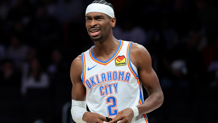 Jan 17, 2026; Miami, Florida, USA; Oklahoma City Thunder guard Shai Gilgeous-Alexander (2) reacts against the Miami Heat during the first quarter at Kaseya Center. Mandatory Credit: Sam Navarro-Imagn Images