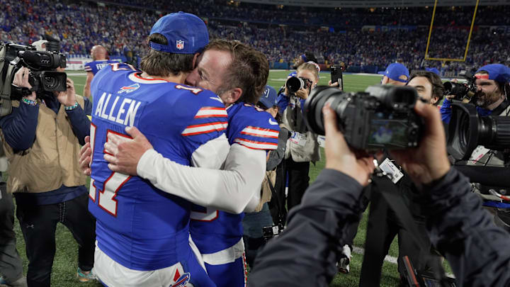 Bills kicker Matt Prater hugs quarterback Josh Allen after the win over the Baltimore Ravens at Highmark Stadium in Orchard Park on Sept. 7, 2025. Prater’s field goal put them up 41-40 in the finals seconds.