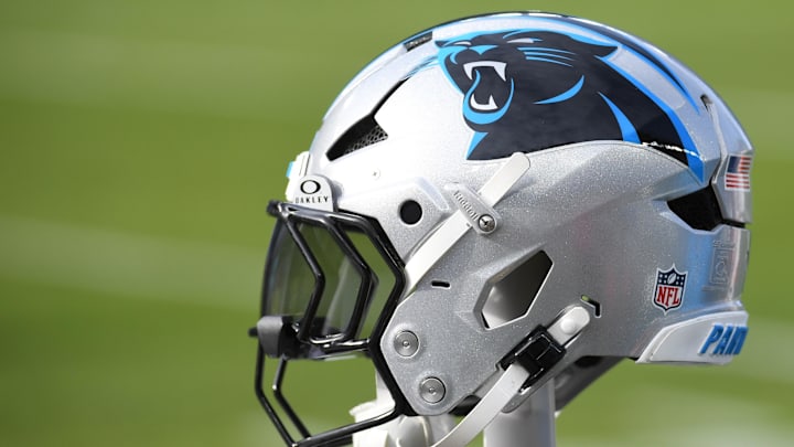Dec 8, 2024; Philadelphia, Pennsylvania, USA; Carolina Panthers helmet rests on the bench against the Philadelphia Eagles at Lincoln Financial Field. Mandatory Credit: Eric Hartline-Imagn Images