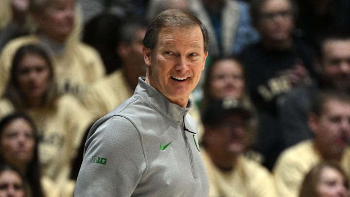 Feb 7, 2026; West Lafayette, Indiana, USA; Oregon Ducks head coach Dana Altman smiles after a basket during the first half against the Purdue Boilermakers at Mackey Arena. Mandatory Credit: Marc Lebryk-Imagn Images