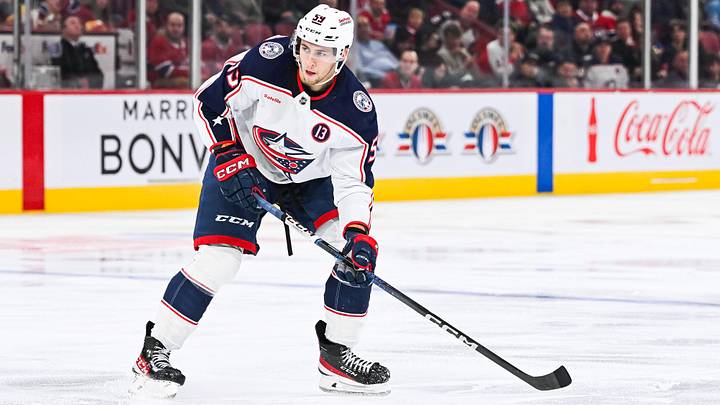 Nov 16, 2024; Montreal, Quebec, CAN; Columbus Blue Jackets right wing Yegor Chinakhov (59) plays the puck against the Montreal Canadiens during the third period at Bell Centre. Mandatory Credit: David Kirouac-Imagn Images Nov 16, 2024; Montreal, Quebec, CAN; Columbus Blue Jackets right wing Yegor Chinakhov (59) plays the puck against the Montreal Canadiens during the third period at Bell Centre. Mandatory Credit: David Kirouac-Imagn Images