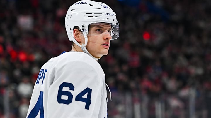 Jan 18, 2025; Montreal, Quebec, CAN; Toronto Maple Leafs center David Kampf (64) looks on against the Montreal Canadiens during the second period at Bell Centre. Mandatory Credit: David Kirouac-Imagn Images