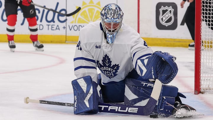 Mar 4, 2026; Newark, New Jersey, USA; Toronto Maple Leafs goaltender Anthony Stolarz (41) makes a save against the New Jersey Devils during the second period at Prudential Center. Mandatory Credit: Ed Mulholland-Imagn Images