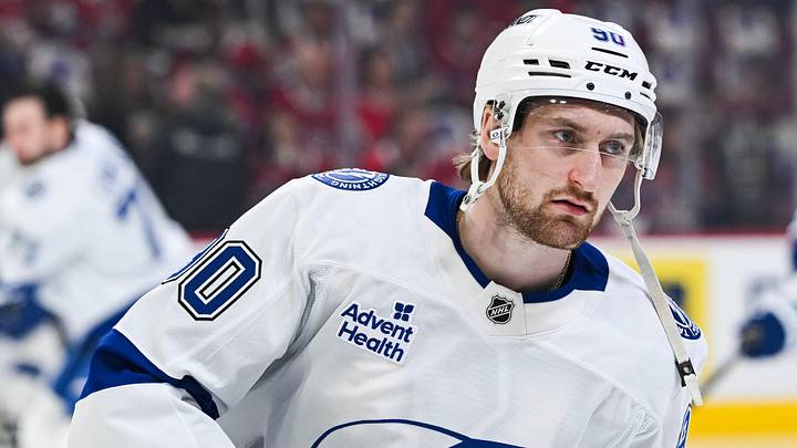 Apr 26, 2026; Montreal, Quebec, CAN; Tampa Bay Lightning defenseman J.J. Moser (90) looks on during warm-up before the game against the Montreal Canadiens in game four of the first round of the 2026 Stanley Cup Playoffs at Bell Centre. Mandatory Credit: David Kirouac-Imagn Images
