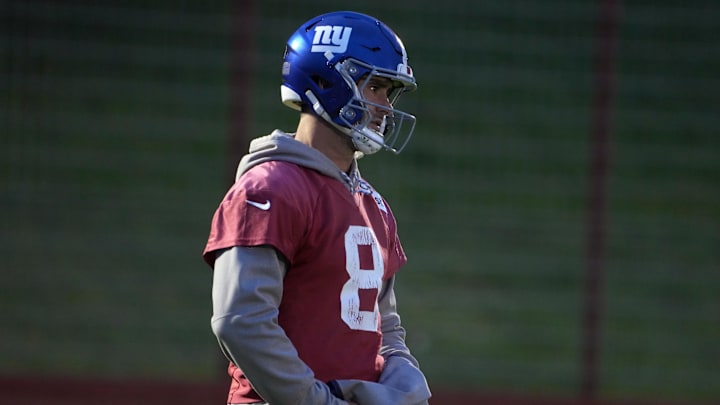 Nov 8, 2024; Munich, Germany; New York Giants quarterback Daniel Jones (8) during practice at the FC Bayern Munchen training grounds at Sabener Strasse.  Mandatory Credit: Kirby Lee-Imagn Images