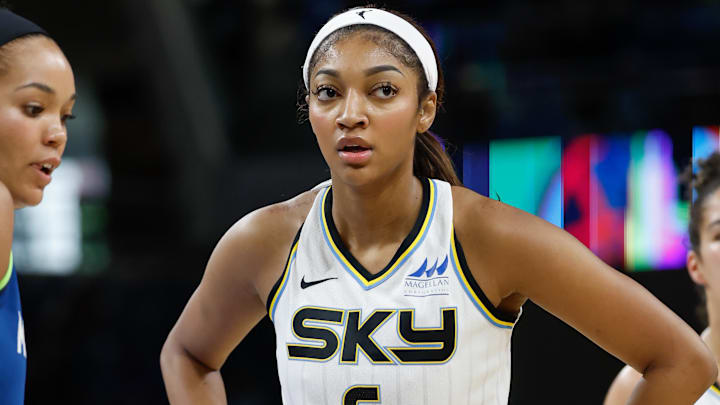 Chicago Sky forward Angel Reese (5) during the second half of a WNBA pre-season game at Wintrust Arena.