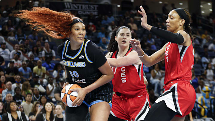 Aug 25, 2024; Chicago, Illinois, USA; Chicago Sky center Kamilla Cardoso (10) looks to pass the ball against the Las Vegas Aces during the first half at Wintrust Arena. Mandatory Credit: Kamil Krzaczynski-Imagn Images