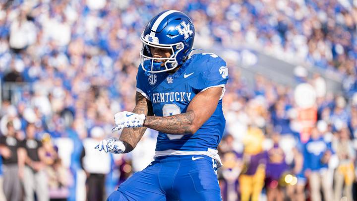 Kentucky running back Seth McGowan (3) danced in the endzone celebrating his second touchdown of the first half as the Wildcats face off against the Tennessee Tech Golden Eagles at Kroger Field in Lexington, Kentucky. Nov. 15, 2025. Kentucky running back Seth McGowan (3) danced in the endzone celebrating his second touchdown of the first half as the Wildcats face off against the Tennessee Tech Golden Eagles at Kroger Field in Lexington, Kentucky. Nov. 15, 2025.