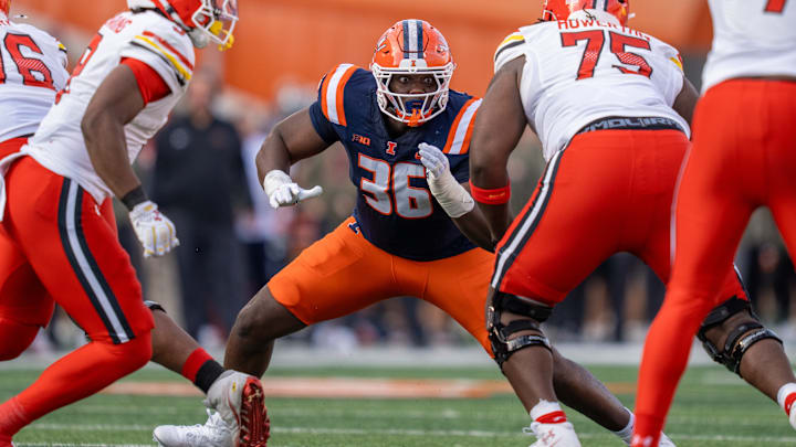 Illinois defensive end Tomiwa Durojaiye (36) reacts during a play in the Illini's 24-6 win over Maryland on Nov. 15, 2025, at Memorial Stadium in Champaign, Illinois.