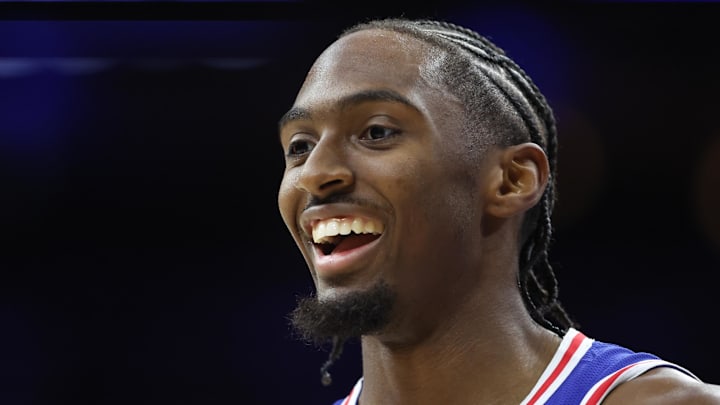 Oct 27, 2025; Philadelphia, Pennsylvania, USA; Philadelphia 76ers guard Tyrese Maxey (0) smiles during a break in action against the Orlando Magic in the second quarter at Xfinity Mobile Arena. Mandatory Credit: Bill Streicher-Imagn Images Oct 27, 2025; Philadelphia, Pennsylvania, USA; Philadelphia 76ers guard Tyrese Maxey (0) smiles during a break in action against the Orlando Magic in the second quarter at Xfinity Mobile Arena. Mandatory Credit: Bill Streicher-Imagn Images