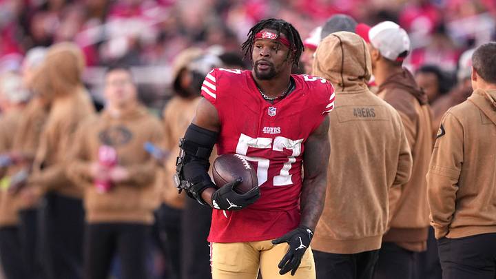 Nov 19, 2023; Santa Clara, California, USA; San Francisco 49ers linebacker Dre Greenlaw (57) during the third quarter against the Tampa Bay Buccaneers at Levi's Stadium. Mandatory Credit: Darren Yamashita-USA TODAY Sports Nov 19, 2023; Santa Clara, California, USA; San Francisco 49ers linebacker Dre Greenlaw (57) during the third quarter against the Tampa Bay Buccaneers at Levi's Stadium. Mandatory Credit: Darren Yamashita-USA TODAY Sports