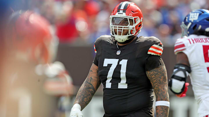 Browns offensive tackle Jedrick Wills Jr. heads back to the huddle after a play against the New York Giants, Sunday, Sept. 22, 2024, in Cleveland.