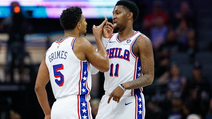 Mar 19, 2026; Sacramento, California, USA; Philadelphia 76ers guard Quentin Grimes (5) celebrates with forward Justin Edwards (11) during the first quarter against the Sacramento Kings at Golden 1 Center. Mandatory Credit: Sergio Estrada-Imagn Images Mar 19, 2026; Sacramento, California, USA; Philadelphia 76ers guard Quentin Grimes (5) celebrates with forward Justin Edwards (11) during the first quarter against the Sacramento Kings at Golden 1 Center. Mandatory Credit: Sergio Estrada-Imagn Images