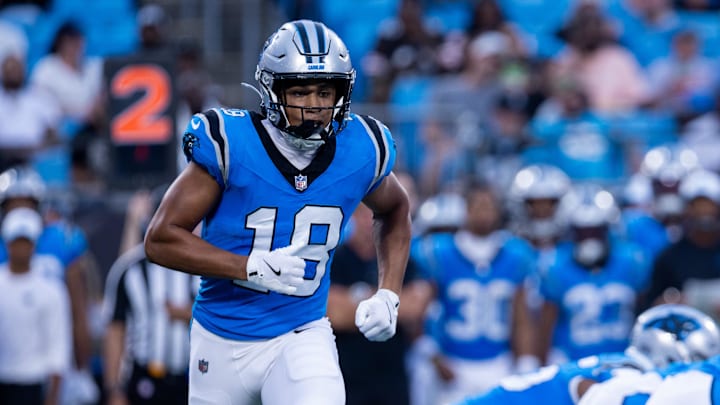 Aug 8, 2025; Charlotte, North Carolina, USA; Carolina Panthers wide receiver Jalen Coker (18) goes in motion during the second quarter against the Cleveland Browns at Bank of America Stadium. Mandatory Credit: Scott Kinser-The USAToday Network via Imagn Images Aug 8, 2025; Charlotte, North Carolina, USA; Carolina Panthers wide receiver Jalen Coker (18) goes in motion during the second quarter against the Cleveland Browns at Bank of America Stadium. Mandatory Credit: Scott Kinser-The USAToday Network via Imagn Images