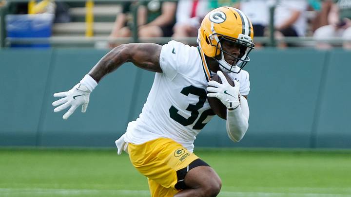 Green Bay Packers running back MarShawn Lloyd (32) runs through a drill during the second day of training camp on Thursday, July 24, 2025, at Ray Nitschke Field in Ashwaubenon, Wis. Green Bay Packers running back MarShawn Lloyd (32) runs through a drill during the second day of training camp on Thursday, July 24, 2025, at Ray Nitschke Field in Ashwaubenon, Wis.