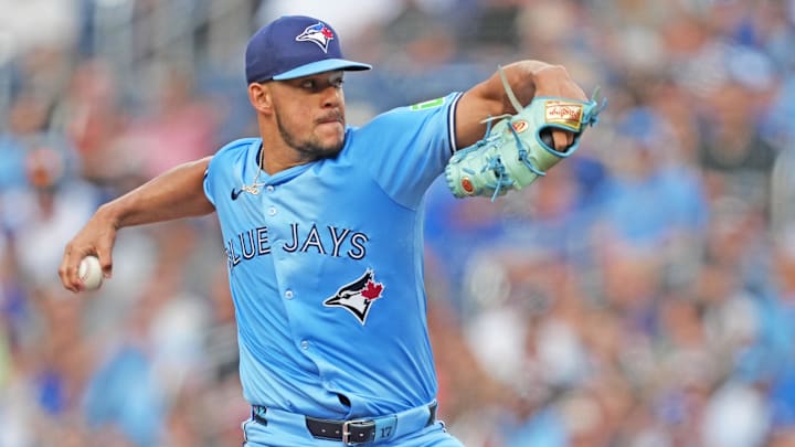 Jose BerrĂos of Toronto Blue Jays throws pitch from right hand Jose BerrĂos of Toronto Blue Jays throws pitch from right hand