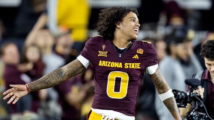 Nov 28, 2025; Tempe, Arizona, USA; Arizona State Sun Devils wide receiver Jordyn Tyson (0) against the Arizona Wildcats during the 99th Territorial Cup at Mountain America Stadium. Mandatory Credit: Mark J. Rebilas-Imagn Images