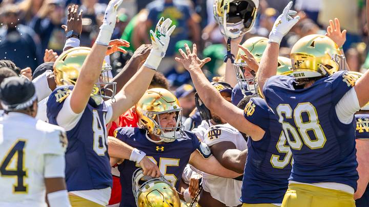 Apr 25, 2026; Notre Dame, IN, USA; Notre Dame Fighting Irish kicker Spencer Porath (35) celebrates kicking the final field goal during the Blue-Gold game at Notre Dame Stadium. Apr 25, 2026; Notre Dame, IN, USA; Notre Dame Fighting Irish kicker Spencer Porath (35) celebrates kicking the final field goal during the Blue-Gold game at Notre Dame Stadium.